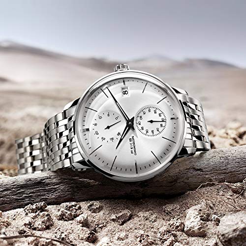 FEICE Watch for Men's Automatic Minimalistic Analog Mechanical Watch Leather Band Watches Analog Curved Mirror Brushed Finish Casual Dress Watches Stainless Unique Gifts FM212 Sliver. - Image 4