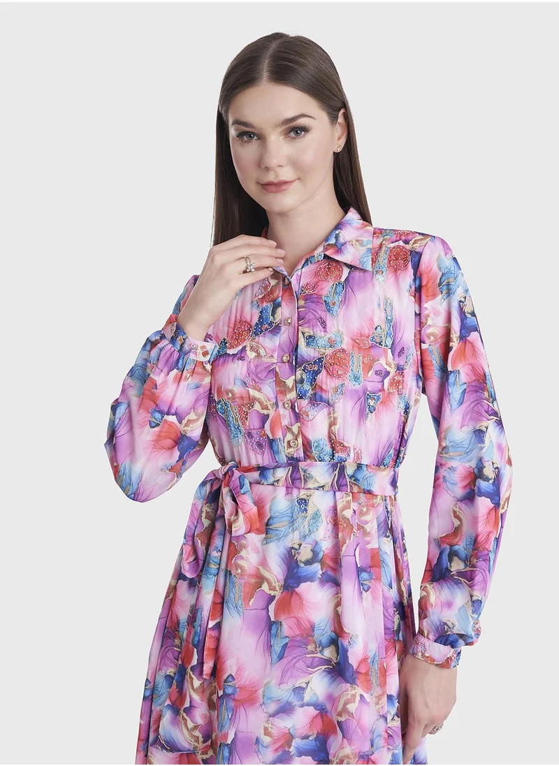 كشخة Fantacy Flower Print Long Shirt Dress