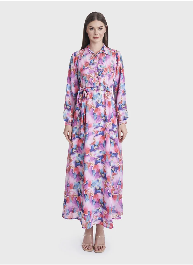 كشخة Fantacy Flower Print Long Shirt Dress