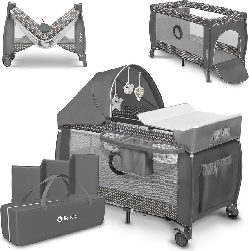 Lionelo Sven Plus 2in1 Travel Cot and Portable for newborns 0-36 Months Foldable with 2-level Heights, Changing Table, Mattress, Side Entrance Mesh Walls Mosquito Net Canopy Wheels Organiser - Image 1