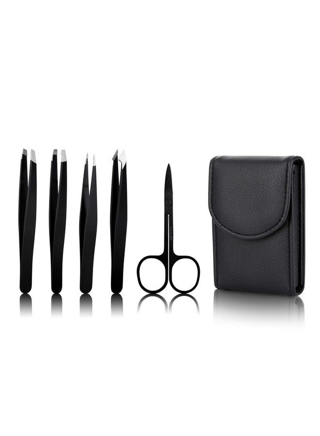 Beauenty Tweezers Set-5 Pieces Professional Stainless Steel Tweezers with Curved Scissors,Best Precision Tweezer for Eyebrows,Splinter and Ingrown Hair Removal with Leather Travel Case  - Image 1