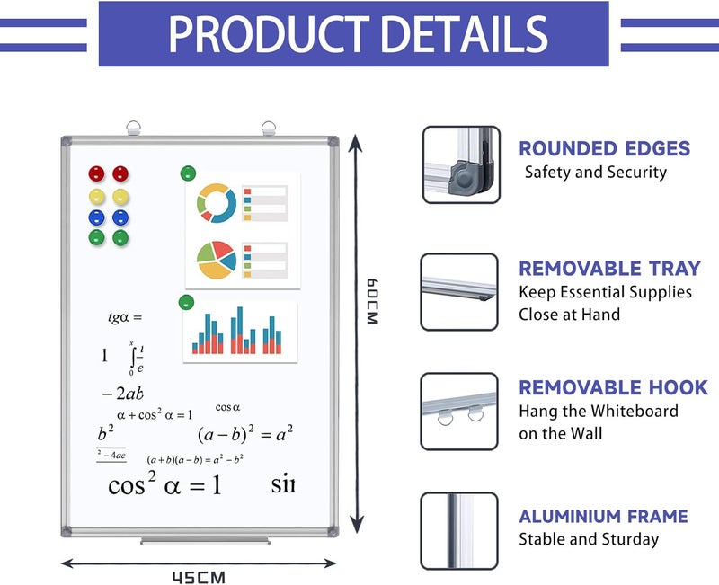 MEETMATE Magnetic Whiteboard, 45x60cm Dry Erase Board Aluminium Frame Wall Mounted White Board with Pen Tray and Accessories, Notices & Reminders Board for Office & Classroom - Image 2