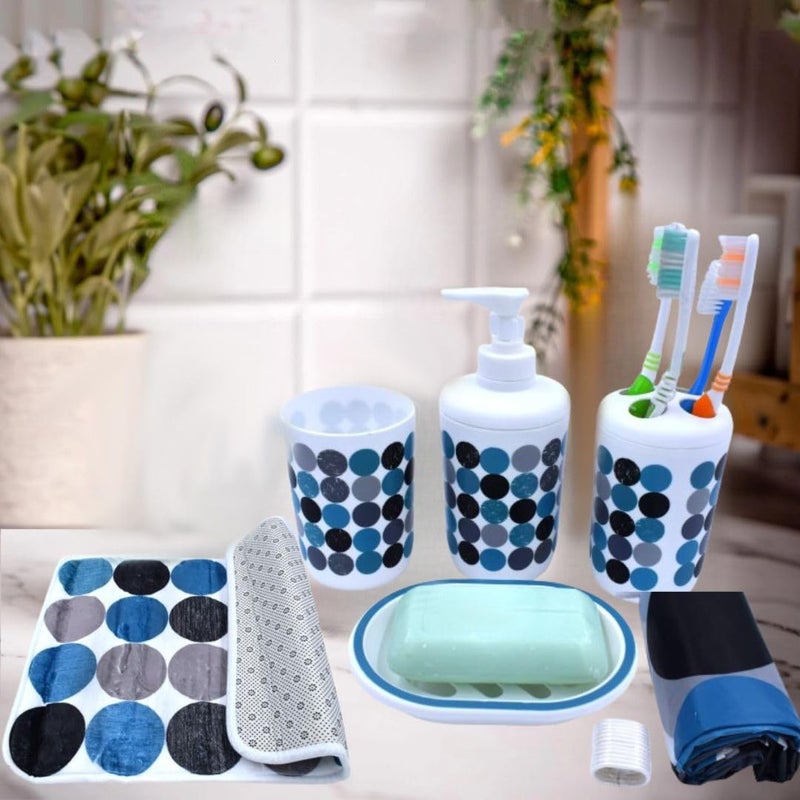 Storia STORIA Bathroom Accessories Set, 7Pcs Bathroom Gift Set, Bathroom Decor | Liquid Soap Dispenser Soap Dish Toothbrush Holder Tumbler Foot Mat and Shower Curtain with Hook Soap Dispenser Set (Blue)  - Image 1