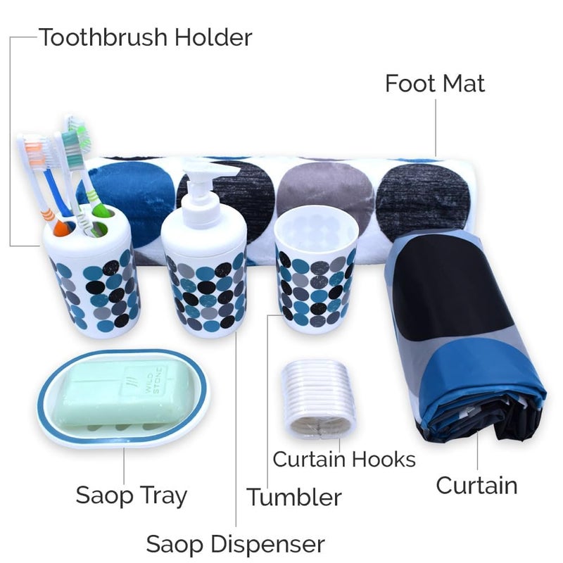 Storia STORIA Bathroom Accessories Set, 7Pcs Bathroom Gift Set, Bathroom Decor | Liquid Soap Dispenser Soap Dish Toothbrush Holder Tumbler Foot Mat and Shower Curtain with Hook Soap Dispenser Set (Blue)  - Image 3