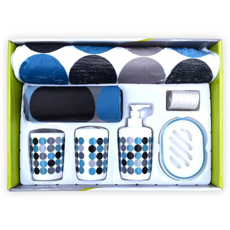 Storia STORIA Bathroom Accessories Set, 7Pcs Bathroom Gift Set, Bathroom Decor | Liquid Soap Dispenser Soap Dish Toothbrush Holder Tumbler Foot Mat and Shower Curtain with Hook Soap Dispenser Set (Blue)  - Image 2