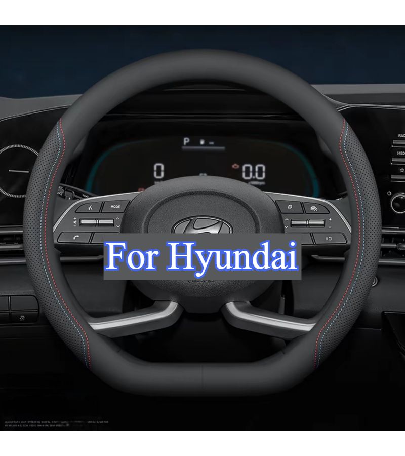 Red And Blue Lines PU Leather Steering Wheel Cover Round One Piece Model 37 38.5cm 14.56 15.16 Inch Breathable Design Self Centering Universal Fit Round And D Shaped Steering Wheels - Image 4