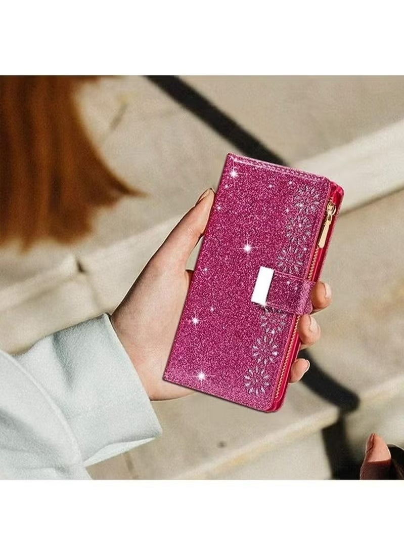 X-level - iPhone 15 Pro Max Wallet Case Cover For Women Luxury Bling Diamond Card Phone Holder Wrist Strap PU Leather Slots Shockproof Protective Back Cover Accessory For iPhone 15 Pro Max - Image 1