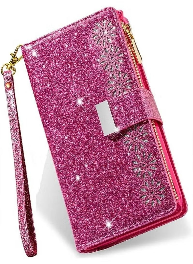 X-level - iPhone 15 Pro Max Wallet Case Cover For Women Luxury Bling Diamond Card Phone Holder Wrist Strap PU Leather Slots Shockproof Protective Back Cover Accessory For iPhone 15 Pro Max - Image 1