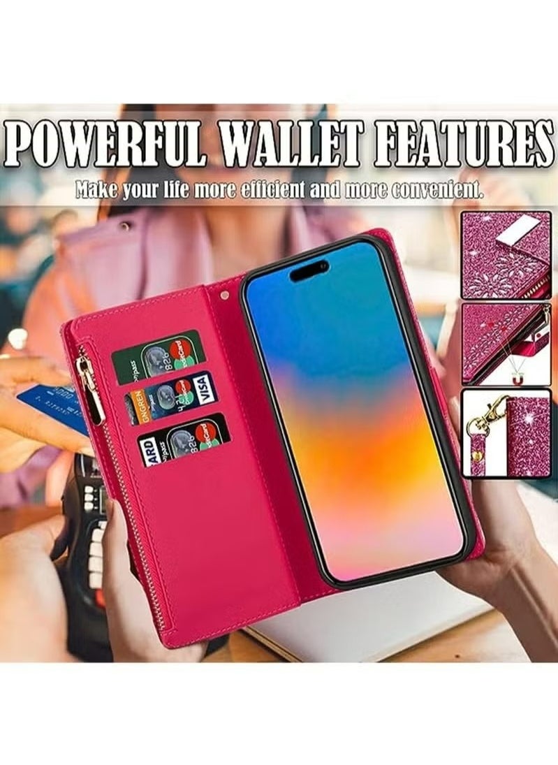 X-level - iPhone 15 Pro Max Wallet Case Cover For Women Luxury Bling Diamond Card Phone Holder Wrist Strap PU Leather Slots Shockproof Protective Back Cover Accessory For iPhone 15 Pro Max - Image 1