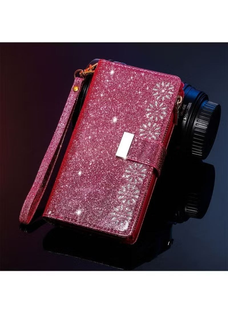 X-level - iPhone 15 Pro Max Wallet Case Cover For Women Luxury Bling Diamond Card Phone Holder Wrist Strap PU Leather Slots Shockproof Protective Back Cover Accessory For iPhone 15 Pro Max - Image 1