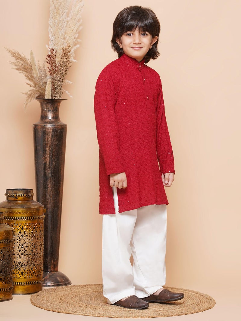 AJ DEZINES Boys Cotton Floral Ethnic Kurta Pajama Set | Full Sleeve Chikankari Kurta with Sequins | Traditional & Festive Outfit | Mandarin Collar, Regular Fit | Special Occasion | RED-10, 10-11 Years - Image 5