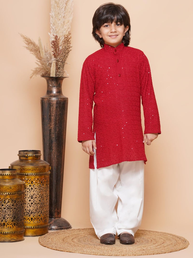 AJ DEZINES Boys Cotton Floral Ethnic Kurta Pajama Set | Full Sleeve Chikankari Kurta with Sequins | Traditional & Festive Outfit | Mandarin Collar, Regular Fit | Special Occasion | RED-10, 10-11 Years - Image 2