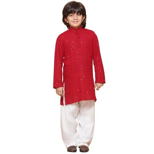 AJ DEZINES Boys Cotton Floral Ethnic Kurta Pajama Set | Full Sleeve Chikankari Kurta with Sequins | Traditional & Festive Outfit | Mandarin Collar, Regular Fit | Special Occasion | RED-10, 10-11 Years - Image 1