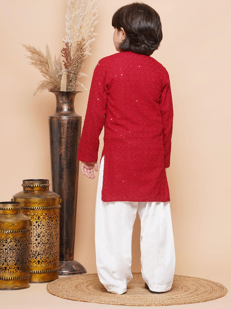 AJ DEZINES Boys Cotton Floral Ethnic Kurta Pajama Set | Full Sleeve Chikankari Kurta with Sequins | Traditional & Festive Outfit | Mandarin Collar, Regular Fit | Special Occasion | RED-10, 10-11 Years - Image 4