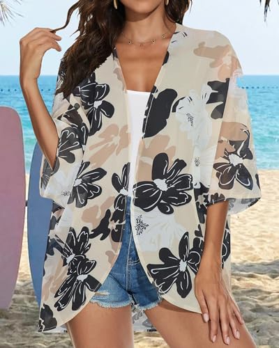 CHICGAL Women Kimono Cardigan Sheer Beach Coverups Chiffon Loose Casual Open Front Tops (Dasiy KhakiXL) - Image 3