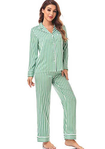 Serenedelicacy Women's Satin Pajama Set Long Sleeve Button Down Sleepwear 2-Piece Silky Pj Set (Medium, Green/Ivory, Stripe) - Image 3