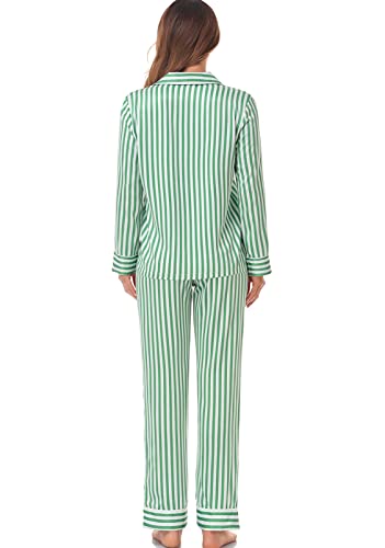 Serenedelicacy Women's Satin Pajama Set Long Sleeve Button Down Sleepwear 2-Piece Silky Pj Set (Medium, Green/Ivory, Stripe) - Image 2