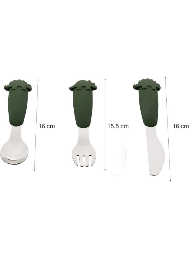 Citron 3 Pieces Toddler Cutlery Set, Stainless Steel And Silicon Utensil Spoon, Fork And Knife Set, Flatware Cutlery Set For Kids - Dino Green  - Image 5