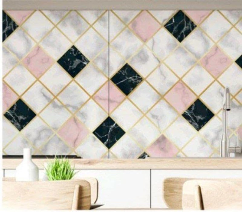 wall love ملصقات ورقية ذاتية اللصق مقاومة للزيت والماء من الرخام، كبيرة لسطح العمل وأثاث الخزائن وغرفة البوجا والمطبخ، ورق جدران ملصق للمنزل 60 × 200 سم (ورق جدران بلوك وردي وأسود) - Image 2