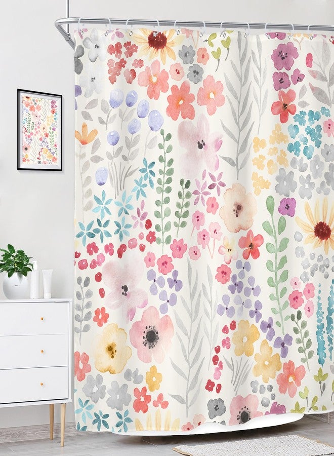 Riyidecor Cute Floral Colorful Shower Curtain,Spring Boho Kids Girls Girly Wildflower Pink Watercolor Fabric Cloth Bathroom Curtains,Funky Trendy Plant Bathroom Decor Set with Hooks 72x72 Inch - Image 3