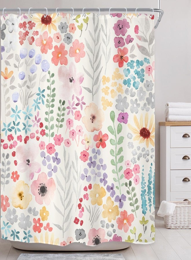 Riyidecor Cute Floral Colorful Shower Curtain,Spring Boho Kids Girls Girly Wildflower Pink Watercolor Fabric Cloth Bathroom Curtains,Funky Trendy Plant Bathroom Decor Set with Hooks 72x72 Inch - Image 5