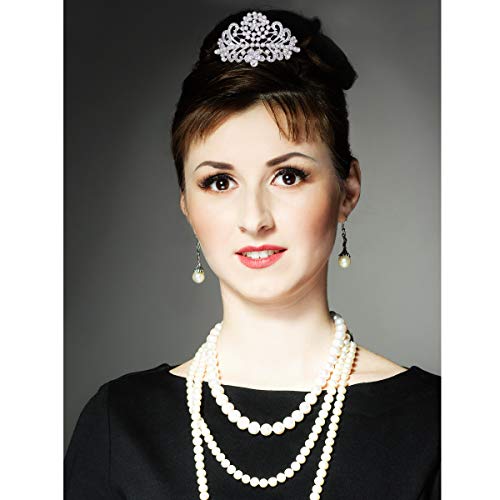 ROFIFY Pearls Crown Comb Tiara Audrey Hepburn Holly Golightly Hair Piece Costume Style Crystal Silver Plated Inspired by Breakfast at T's - Image 5