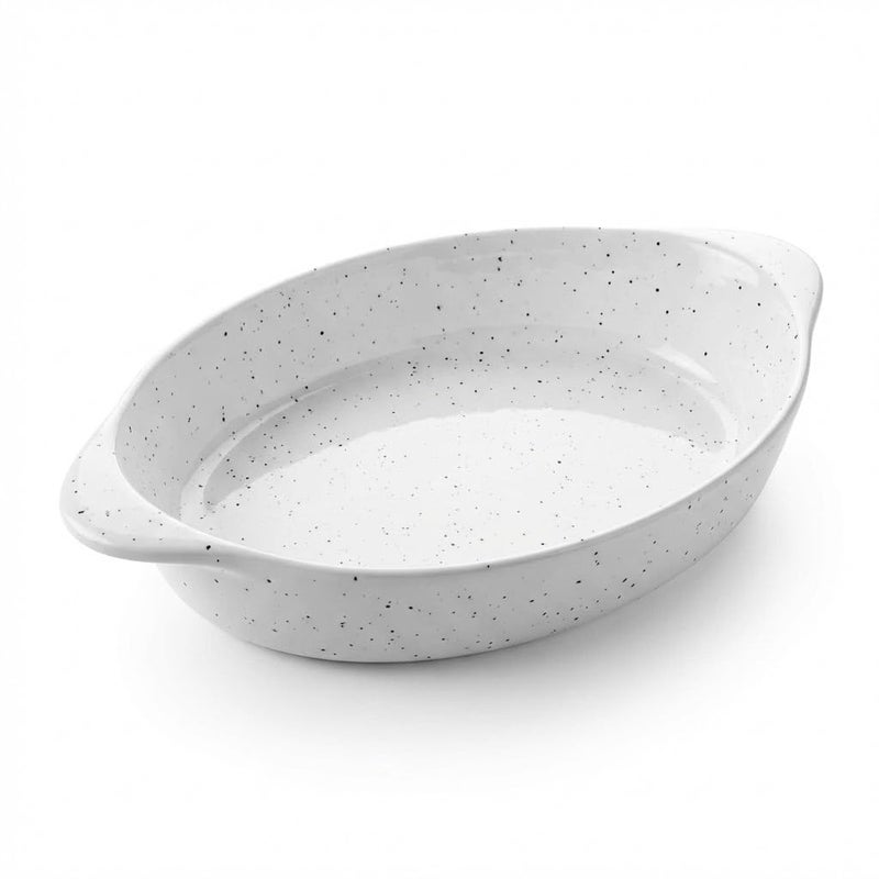 Dot Design Oval Ceramic Serving Tray (Stone Effect) Small Size Deep Bowl with Built-in Handles for Salads and Bakery, Modern Gratin Dish (White)