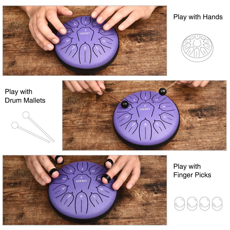 LEKATO Steel Tongue Drum 6 Inch 11 Notes, Rain Drum D Major Handpan Drum for Meditation Yoga Beginner Christmas Gift for Families/Friends,Purple - Image 4