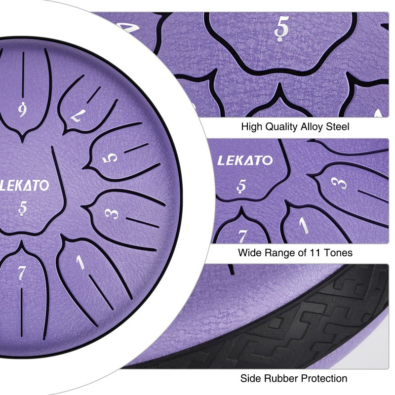 LEKATO Steel Tongue Drum 6 Inch 11 Notes, Rain Drum D Major Handpan Drum for Meditation Yoga Beginner Christmas Gift for Families/Friends,Purple - Image 2