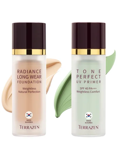 تيرازين مجموعة مكياج كورية - برايمر أخضر مرطب للوجه بعامل حماية من أشعة الشمس SPF40 وكريم أساس سائل بلون بيج طبيعي - كريم تصحيح اللون وتغطية طويلة الأمد للبشرة الحساسة