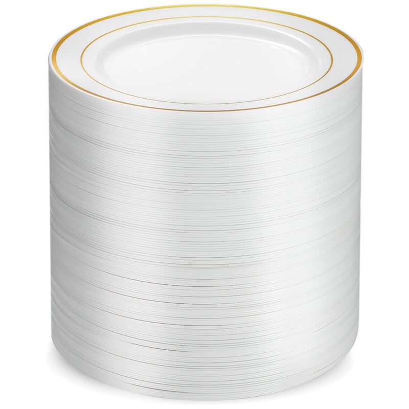 مجموعة أطباق بلاستيكية ذهبية من مونفيكس 100 بحجم 7 بوصة أطباق حلويات ومقبلات قابلة للتصرف أنيقة وفاخرة وقوية للحفلات والزفاف بيضاء مع حافة ذهبية