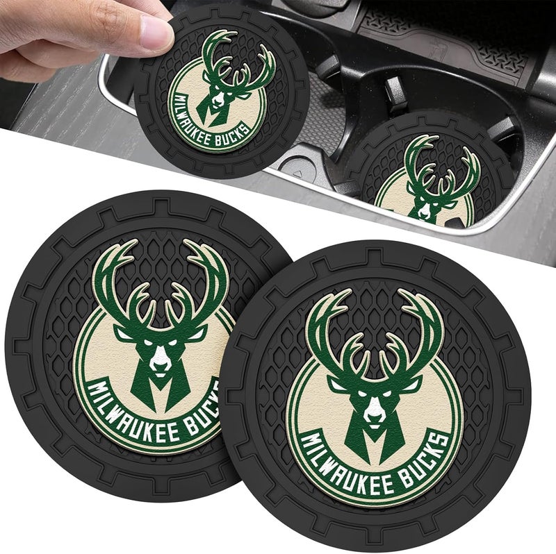 EMIJOY Bucks Car Cup Holder Coasters,Milwaukee Bucks Car Cup Coasters for Cup Holder,2 Car Cup Holder Insert,Basketball Stuffs for Cars,Anti-Split Dust Proof Car Cup Mat,Silicon Car Coasters,2.75'' - Image 1
