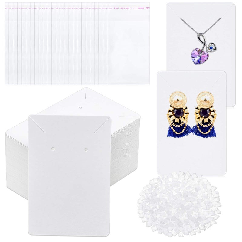 Anezus White Earring Packaging Kit - 400 Pcs with Display Cards, Self-Sealing Bags, Earring Backs & Necklace Cards - Image 1