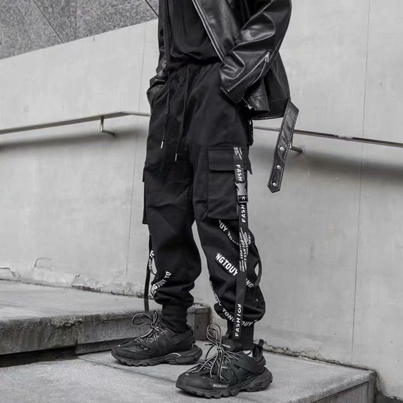 Mens Streetwear Cargo Joggers with Ties Ring six belt