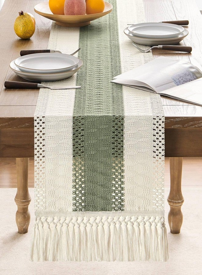 ZeeMart Macrame Style Bicolor Stitching Table Runner, 14 x 60 Inch Green/Ivory, Boho Sage Green Table Runners 60 Inches Long, Farmhouse Woven Home Decor - Image 2
