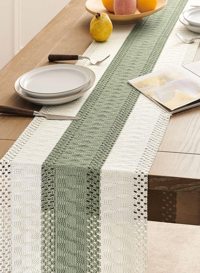 ZeeMart Macrame Style Bicolor Stitching Table Runner, 14 x 60 Inch Green/Ivory, Boho Sage Green Table Runners 60 Inches Long, Farmhouse Woven Home Decor - Image 5