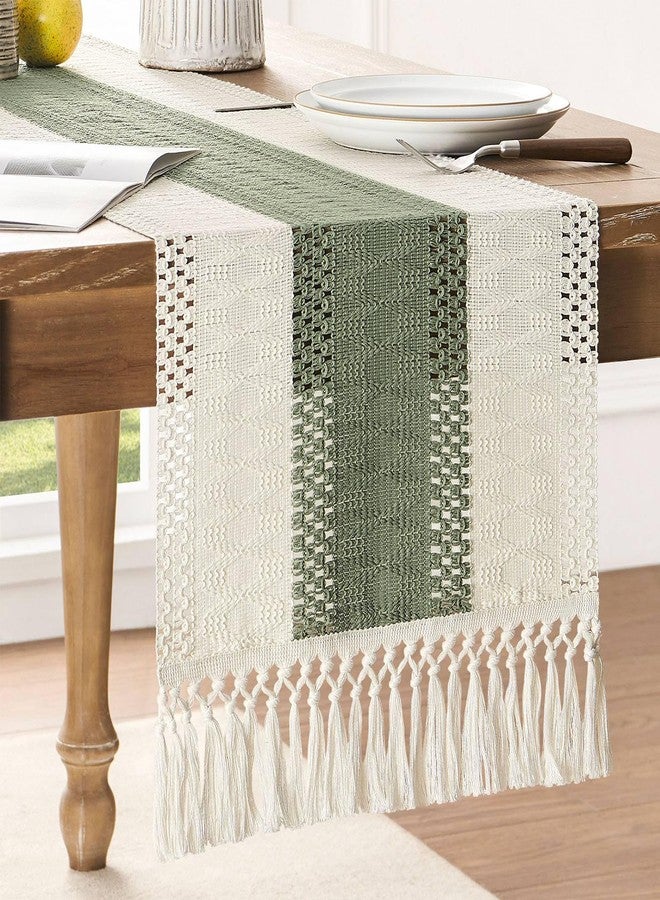 ZeeMart Macrame Style Bicolor Stitching Table Runner, 14 x 60 Inch Green/Ivory, Boho Sage Green Table Runners 60 Inches Long, Farmhouse Woven Home Decor - Image 1