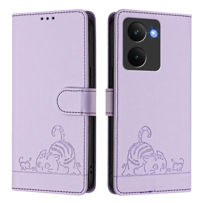 BURAQ Case Cover For Realme P3 Ultra 5G Global Cat Rat Embossed Pattern RFID Leather Phone Case with Lanyard(Purple) - Image 2