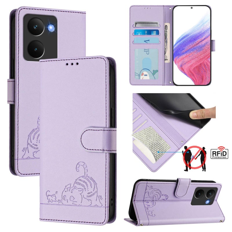 BURAQ Case Cover For Realme P3 Ultra 5G Global Cat Rat Embossed Pattern RFID Leather Phone Case with Lanyard(Purple) - Image 1
