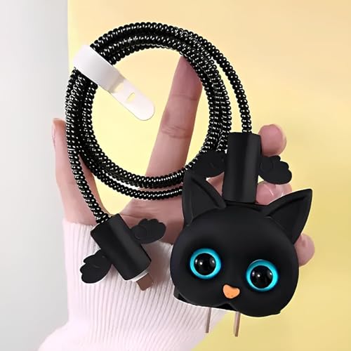 Cerlink Charger Cable Protectors for iPhone Chargers 18W 20W Type C, 3D Cute Protective Case Cover Cartoon Style Fully Charger & Adaptor Protection Set-1 (Black Cat) - Image 1
