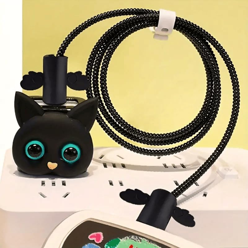 Cerlink Charger Cable Protectors for iPhone Chargers 18W 20W Type C, 3D Cute Protective Case Cover Cartoon Style Fully Charger & Adaptor Protection Set-1 (Black Cat) - Image 2