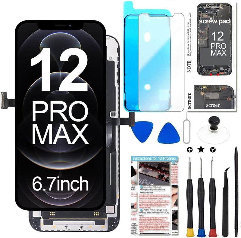 Fixerman Store for iPhone 12 Pro Max Screen Replacement 6.7 inch (A2342, A2410, A2412, A2411), 3D Touch LCD Display Digitizer Frame Assembly with Repair Tools - Image 1