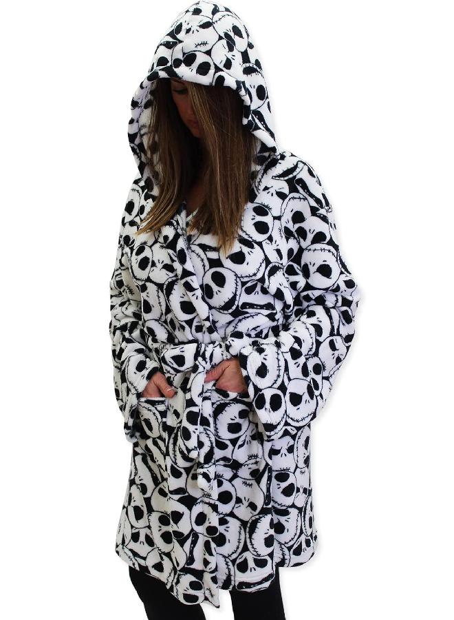 Disney Disney The Nightmare Before Christmas Jack Skellington Adult Plush Hooded Fleece Robe (Small/Medium, White) 