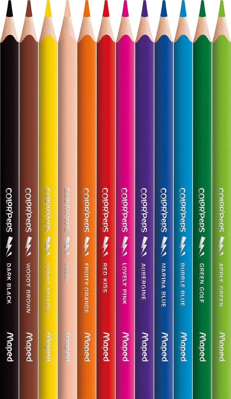 Maped - Wooden Paints - Strong Case - 12 Coloured Pencils and 12 Name Labels - Great for School - Vibrant Colors