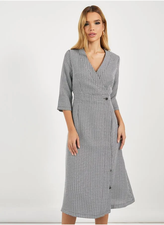 Styli Tweed 3/4 Sleeves Wrap Midi Dress