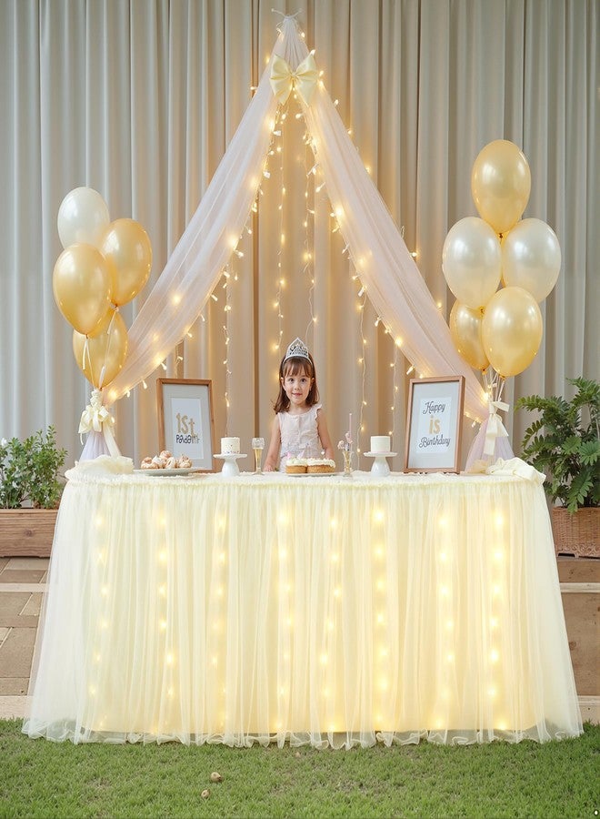 Shillance 6FT Champagne Tulle Table Skirt with LED Lights for Rectangle or Round Tables 2-Layer Ruffle Tulle Tutu Cloth Desk Table Skirt for Birthday Party Baby Shower Wedding Banquet Cake Dessert Decorations - Image 2