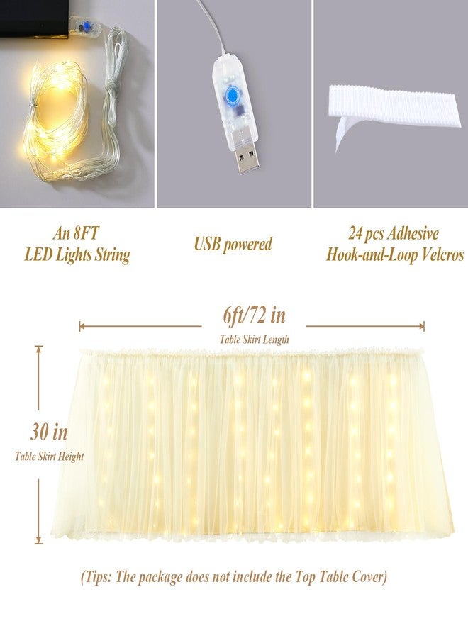 Shillance 6FT Champagne Tulle Table Skirt with LED Lights for Rectangle or Round Tables 2-Layer Ruffle Tulle Tutu Cloth Desk Table Skirt for Birthday Party Baby Shower Wedding Banquet Cake Dessert Decorations - Image 5