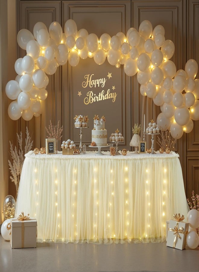 Shillance 6FT Champagne Tulle Table Skirt with LED Lights for Rectangle or Round Tables 2-Layer Ruffle Tulle Tutu Cloth Desk Table Skirt for Birthday Party Baby Shower Wedding Banquet Cake Dessert Decorations - Image 1