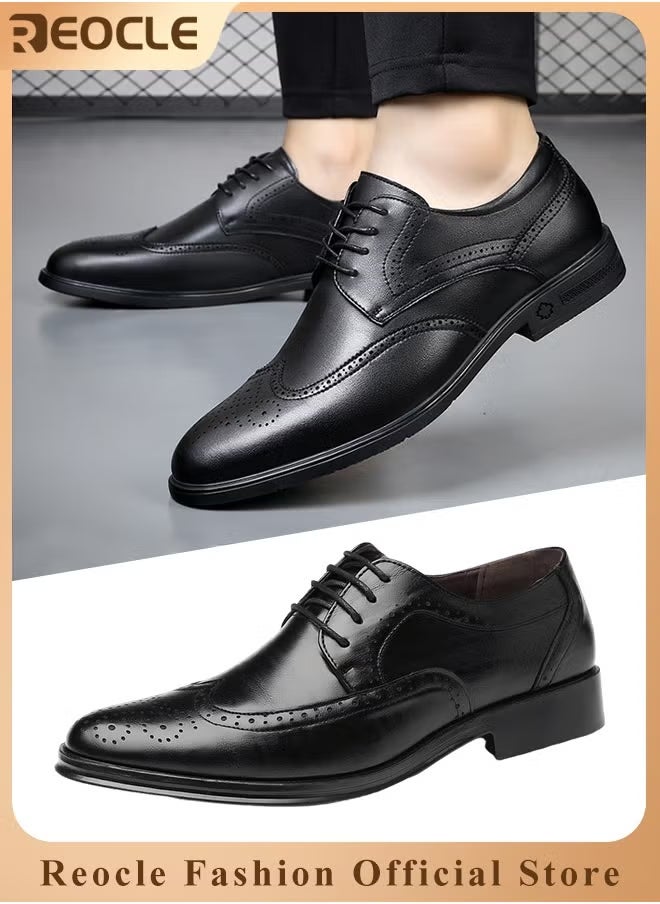 REOCLE Men's Leather Shoes Dress Shoes Formal Business Oxford Derby Shoes Brogue Wingtip Retro Dress Shoes Classic Modern Lace Up Leather Shoes for Men  - Image 1