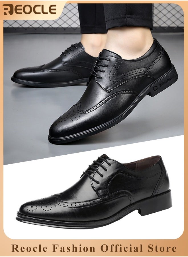 REOCLE Men's Leather Shoes Dress Shoes Formal Business Oxford Derby Shoes Brogue Wingtip Retro Dress Shoes Classic Modern Lace Up Leather Shoes for Men  - Image 1